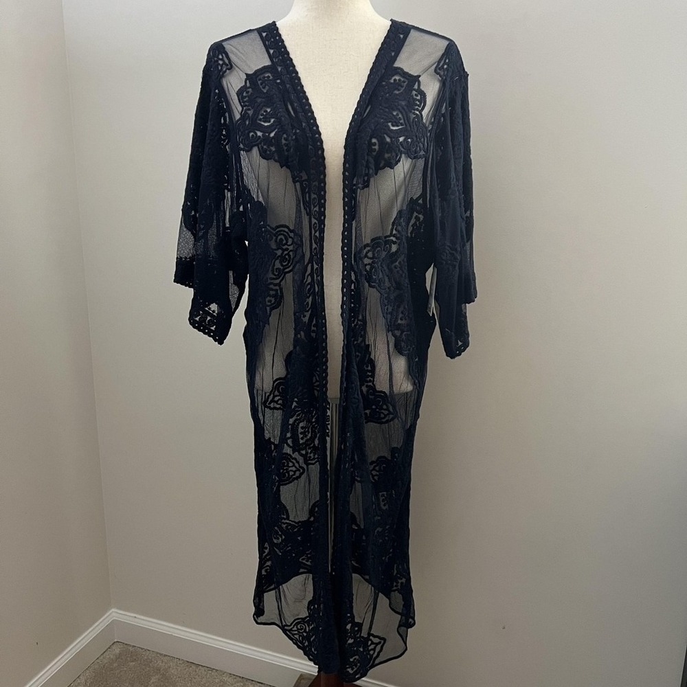 Sheer Blue Lace Kimono Duster Gothic Romantic Layering Piece Victorian Ethereal